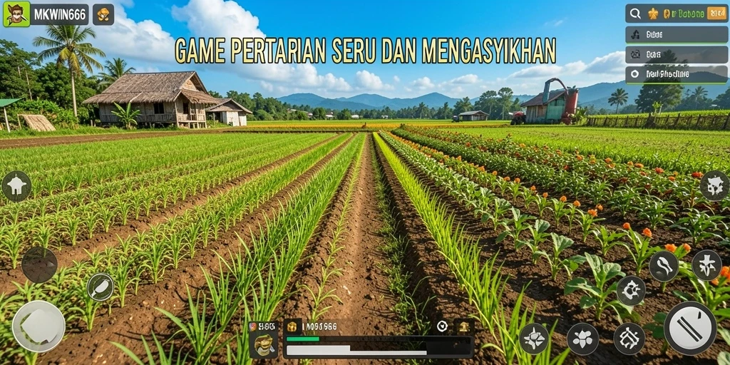 Tampilan gameplay <strong>MKWIN666</strong> dengan kebun yang indah dan aktifitas pertanian.